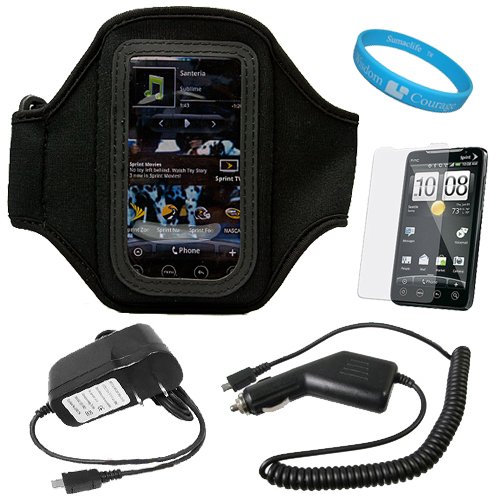 515u4tKdKTL Durable Neoprene Exercise Sports Workout Armband with Adjustable Velcro Strap for Sprint HTC EVO 4G Android Smartphone + Anti Glare Clear Screen Protector + Rapid Travel Wall Charger with IC Chip + Rapid Car Charger with IC Chip + SumacLife TM Wisdom Courage Wristband