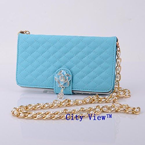 iPhone 6 Case, City View(TM) Multi-purpose Fashion Luxury Camellia Diamond PU Leather Flip Wallet Credit Card Holder Women Handbag with Shoulder Chain Purse Bag Case Cover for Iphone 6 (4.7") (B-Blue)