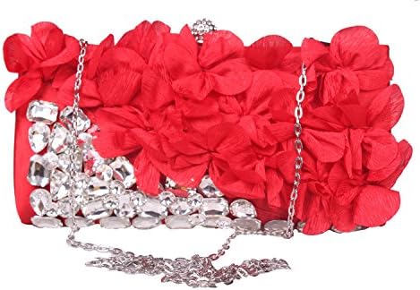 Blueblue Sky Dazzling Rhinestone Chic Floral Chiffon Chain Evening Party Clutch Miaudiere Handbag#152 (Red)