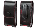 PREMIUM VERTICAL EXECUTIVE BLACK (RED TRIM) OMEGA LEATHER CARRY CASE POUCH (With 2 Interchangable Belt Clips; 1 Rotating, 1 Stationary) for RIM Blackberry Pearl 8100, 8110, 8120, 8130 / Samsung Glyde U940, R410, T729 Blast / Motorola RIZR Z3, Z6m, Z6c, Z6tv ROKR [Retail Packaging]