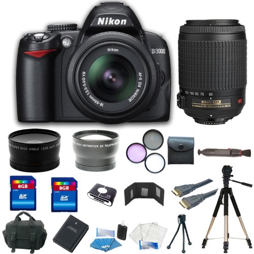 Nikon D3000 10.2MP Digital SLR Camera with 18-55mm f/3.5-5.6G AF-S DX VR Nikkor Zoom Lens + Nikon 55-200mm f/4-5.6G ED IF AF-S DX VR Nikkor Zoom Lens + 3 Extra Lens + 16GB Complete Accessory Kit