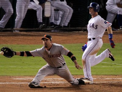 San Francisco Giants v Texas Rangers, Game 4: Michael Young,Travis Ishikawa Photographic Poster Print by Doug Pensinger, 12x16