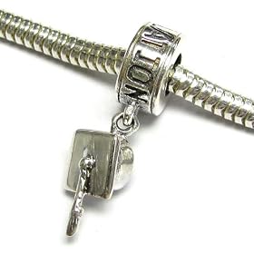 Sterling Silver Congratulation Graduation Grad Cap Hat Dangle Bead For Pandora Troll European Charm Bracelets