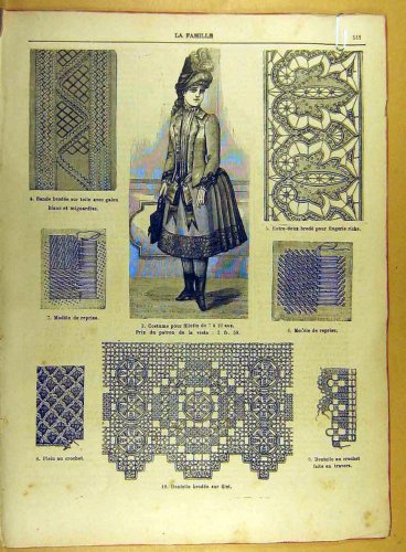 1885 LADIES FASHION DRESSES LACE CROCHET FRENCH PRINT