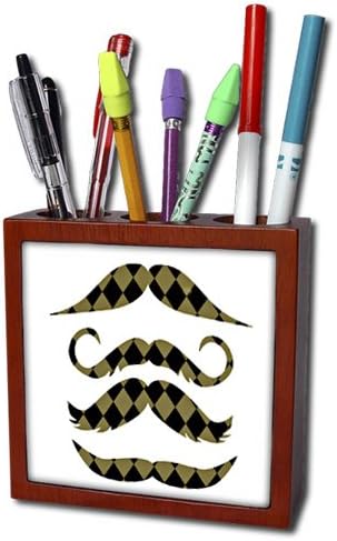 ph_152134_1 PS Creations - Gold and Black Diamonds Retro Hipster Mustaches - Tile Pen Holders-5 inch tile pen holder