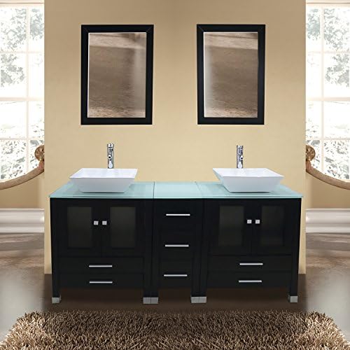 SL Limite Sales 60 Inches Bathroom Double Ceramic Sink Tempered Glass Countertop Vanity Wooden Cabinet w/Mirror