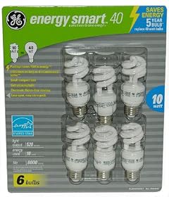 6-Pack GE Compact Flourescent (CFL) Light Bulbs 10 Watt = 40 Watt Equivalent