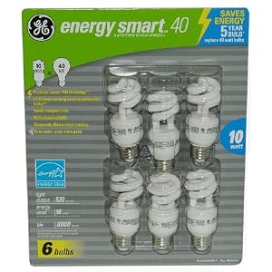 6-Pack GE Compact Flourescent (CFL) Light Bulbs 10 Watt = 40 Watt Equivalent by General Electric
