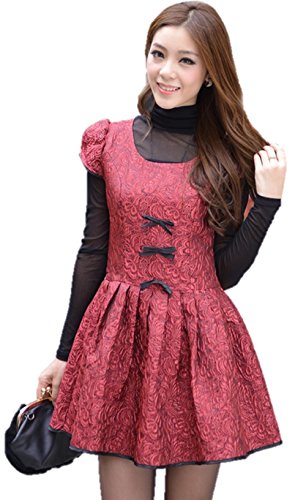 花柄ワンピース ウエストリボン 半袖 パフスリーブ フラワーレース バックリボン スウィングスカート フレアスカート ラウンドネック ミニ丈 レトロ クラシカル  秋コーデ クマのぬいぐるみ付き K-1189