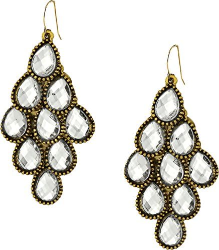 Gold Tone Vintage Epoxy Crystal Tear Drop Chandelier Dangle Statement Earrings, 2.6"
