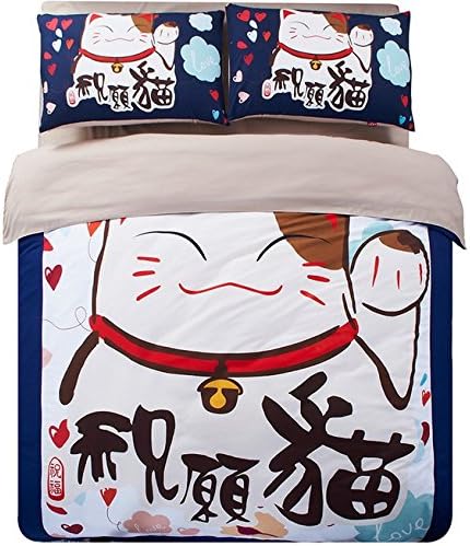 Cute Japanese Lucky Money Cat Pink Painting Cotton Children Lovely Short Plush Cartoon Velvet Bedding Sets Bed for Kids Twin Queen 4pcs