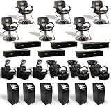 Cambridge Collection featuring Six (6) Styling Chairs, Six (6) Black 2-Drawer Styling Stations, Six (6) Black Locking Carts, Three (3) Dryer Units & Three (3) Shampoo Units from SalonSmart (SHIPS FREE!)