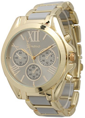 Women's Geneva Roman Numeral Gold Plated Metal/Nylon Link Watch - Grey