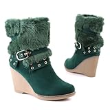 Damen Schuhe, STIEFELETTEN, BOOTS KEIL WARM GEFÜTTERT, HP125, Synthetik in hochwertiger Velour Leder Optik, Grün, Gr 41