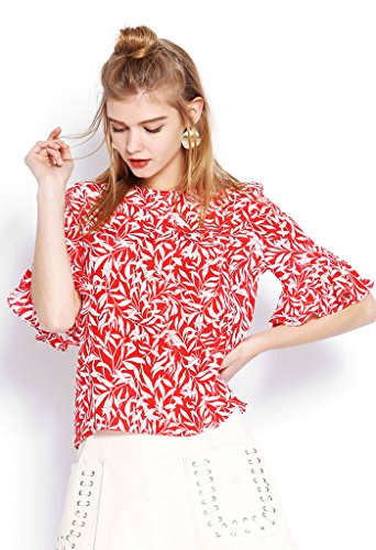 Viinin　２色選べる レディース　トップス　花柄　丸首ネック　キレイめ　オフショルダー　ブラウス　ホーンスリーブ