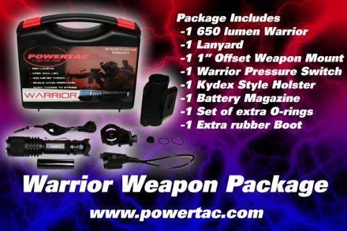  PowerTac Warrior WP Weapon Kit - Tactical LED Flashlight 650 Lumens, Kydex Holster, off set Mount, Pressure Switch 