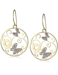 18k Yellow Gold Plated Sterling Silver Simulated Diamond Two-Tone Filigree Flower and Butterfly Dangle Wire Earrings