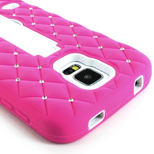 myLife Vibrant Hot Rose and Bright White - Diamond Shock Suit Survivor Series (Built in Kickstand + Easy Grip Silicone) 3 Piece + 2 Layer Case for NEW Galaxy S5 (5g) Smartphone By Samsung (External Flex Silicone Bumper Gel + Internal 2 Piece Rubberized Snap Fitted Armor Protector + Shock Absorbing Material)