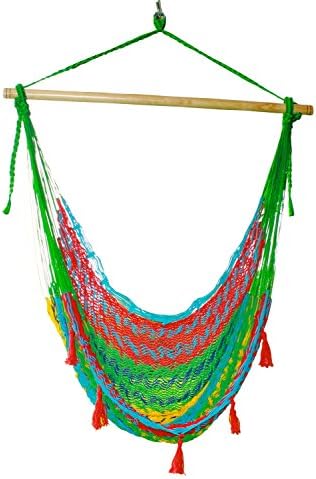 Mexican Hammock Chair By SILISHAPE HAMMOCKS ★ 100% Certified HANDWOVEN by Mayan Indians • Deluxe Single Size Swing • Ultra Resistant Support up to 220 Lbs • Thick Rope & 1½ inch Solid Wooden Bar for Outdoor or Indoor Stand • Portable for Camping Travel [Best LIFETIME GUARANTEE]