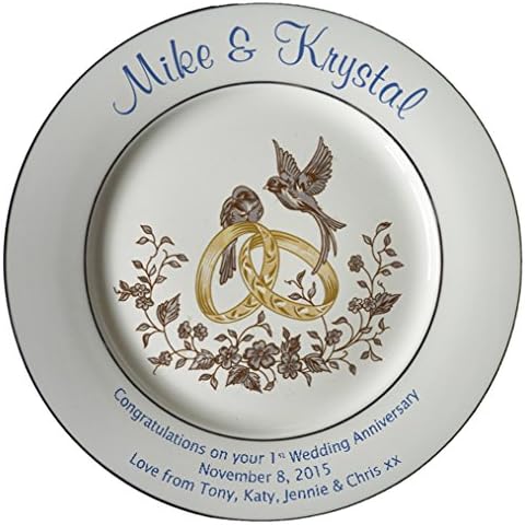 Personalized Bone China Commemorative Plate For A First Wedding Anniversary - Rings and Doves Design with 2 Silver Bands