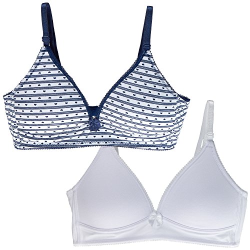 Trimfit Big Girls' Lightly Lined Wirefree Cotton Bra (Pack of 2), Navy Hearts/White, 32A