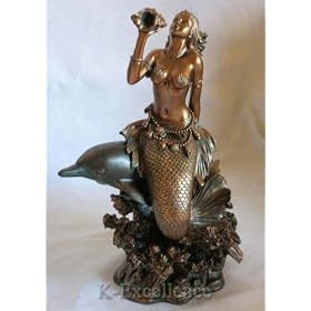 MERMAID WITH DOLPHIN & CONCH STATUE Fantasy Sculpture Figurine Antique Bronze Finish