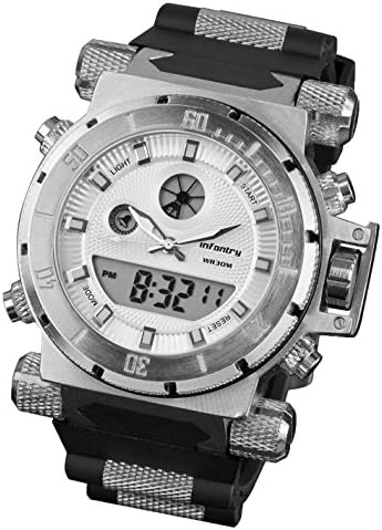 INFANTRY MENS NIGHT VISION SPORT ARMY DUAL QUARTZ BLACK CHRONO GIFT-White Dial