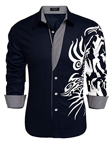 Coofandy Men's Fashion Print Dress Shirt Casual Cotton Button Down Shirts Navy Blue Large