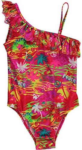 Surf Zone Big Girls' "Peace &amp; Palms" 1-Piece Swimsuit - fuchsia/multi, 10 - 12