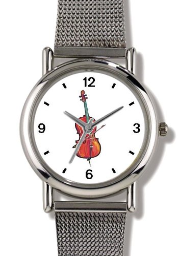 Cello Musical Instrument - Music Theme - WATCHBUDDY® ELITE Chrome-Plated Metal Alloy Watch with Metal Mesh Strap-Size-Large ( Men's Size or Jumbo Women's Size )