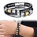 OPK Men Jewelry Braided Leather Wrap Bracelet Stainless Steel Buckle Double Strand Wristband, Black 8.66