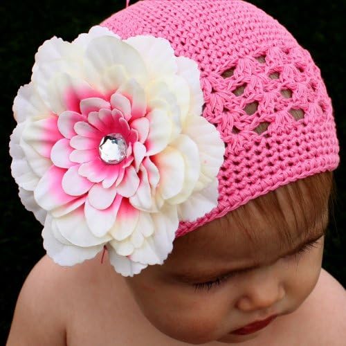 Baby Pink Crochet Hat with a Unique Cream and Pink Detachable Flower ((3 - 12 months))