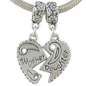 Mother Daughter Heart Dangle Bead in Silver Plate for European Charm Bracelet