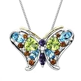 Sterling Silver and 14k Yellow-Gold Blue Topaz, Amethyst, Peridot and Citrine Butterfly Pendant (0.01 cttw, I-J Color, I3 Clarity), 18