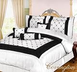 7 Pieces Black and Off White Satin Flower Comforter Set Bed-in-a-bag Queen Size