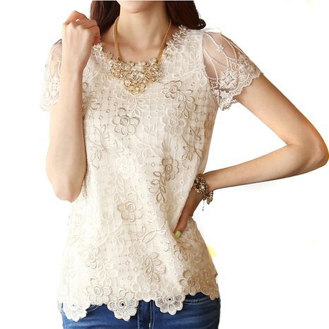 NSSTAR Women Summer Chiffon Top Lace Floral Embroidered Shirt Blouse Tops