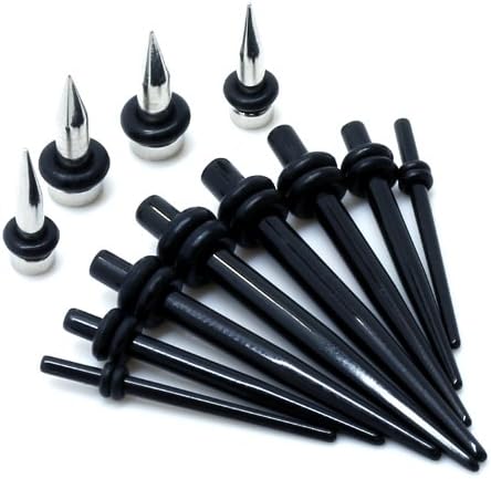 Micro Ear Taper Kit & Nail Plug Set - 8 Piece Black Acrylic Ear Taper Stretching Kit 14G-8G & 4 Piece 316L Stainless Steel Single Flared Nail Plug Kit 10G-8G Expander Set
