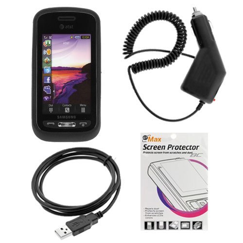 GTMax Rapid Car Charger with IC Chip + USB Data Cable + Black Rubber Soft Silicone Skin Case + LCD Screen Protector for ATT Samsung Solstice SGH-A887