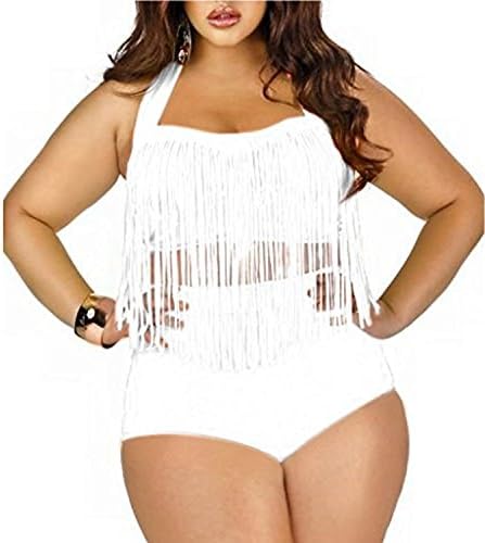 Women's Plus Size Retro Vintage High Waist Braided Fringe Top Bikini Swimsuits