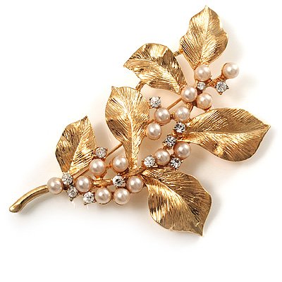 Gold Plated Crystal Pearl Floral Brooch
