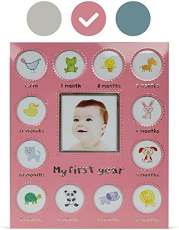 Baby's My First Year Picture Frame - Available In 3 Colors - Silver/Blue/Pink - Larger Collage Picture Openings (Pink)