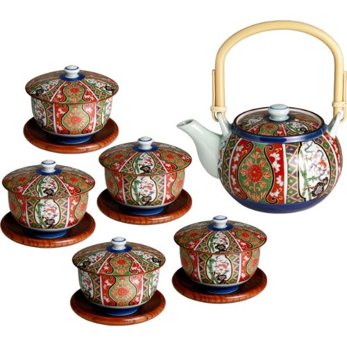 有田焼　錦古伊万里　木茶托付番茶器揃 (土瓶1個 湯呑み5客 茶托 5個セット） ama-251989