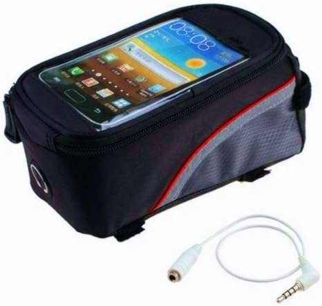 Elecsonix Waterproof bike handlebar bag with 5.5 inch audio jack cable Large Size Bicycle Cycling Frame Pannier Front Bar Bag Basket Velcro With Clear PVC Window Pouch for 5.5" Cell Phone, Reflective Strips for Safe Night Riding)- Modern Black/Red Mixed Design
