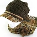 New Ski Plaid Knit Cabbie Beanie Cap Hat Scarf Set Brown Medium Large