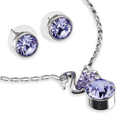 'The Swarovski Swan Set' Pendant Necklace & Earrings Set in Swarovski Crystal Elements. Prefect delicate and precious Jewellery to give a loved one and a essential must have' Swarovski jewellery piece! Jewellery set with Swarovski Swan sitting on a Single round Jewel. Great Value Swarovski Jewellery set in 5 beautiful colour options, AB Blue Opal, Silk, Rose Pink, Clear Diamond, and Tanzanite.
