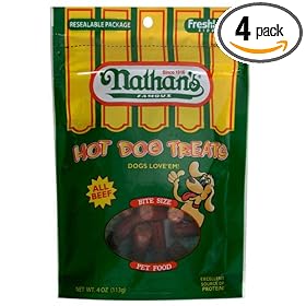 Nathan's Famous Hot Dog Treats, All Beef, 4-Ounce Ziplock Bags (Pack of 4)