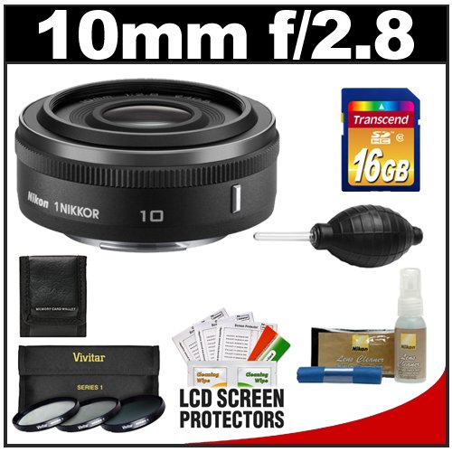 Nikon 1 10mm f/2.8 Nikkor Lens (Black) with 16GB Card + 3-Piece UV/CPL/ND8 Filter Set + Cleaning & Accessory Kit