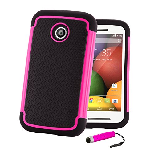 Motorola Moto E 2nd Gen (2015) Shockproof Heavy Duty Protective Dual Layer Defender Case Cover by 32nd, Including Screen Protector, Cleaning Cloth and Touch Screen Stylus Pen - Hot Pink