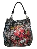 Marseille Black Denim Top Belt Tote Bag with Retro Skull Print -- SwankySwans