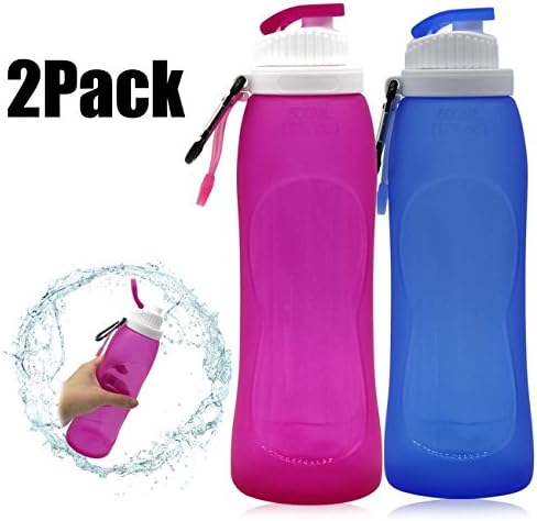 AR happy online 2 Pack 500ML Silicone Foldable Sport Water Bottle Camping Hiking Canteen Bottle BPA Free Leak Proof Water Kettle (2 Pack/Blue&amp;Rose)